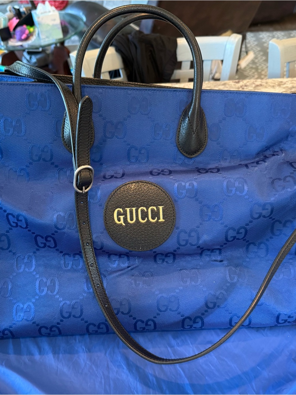 Gucci Royal Blue GG Nylon Tote with Black Leather Trim